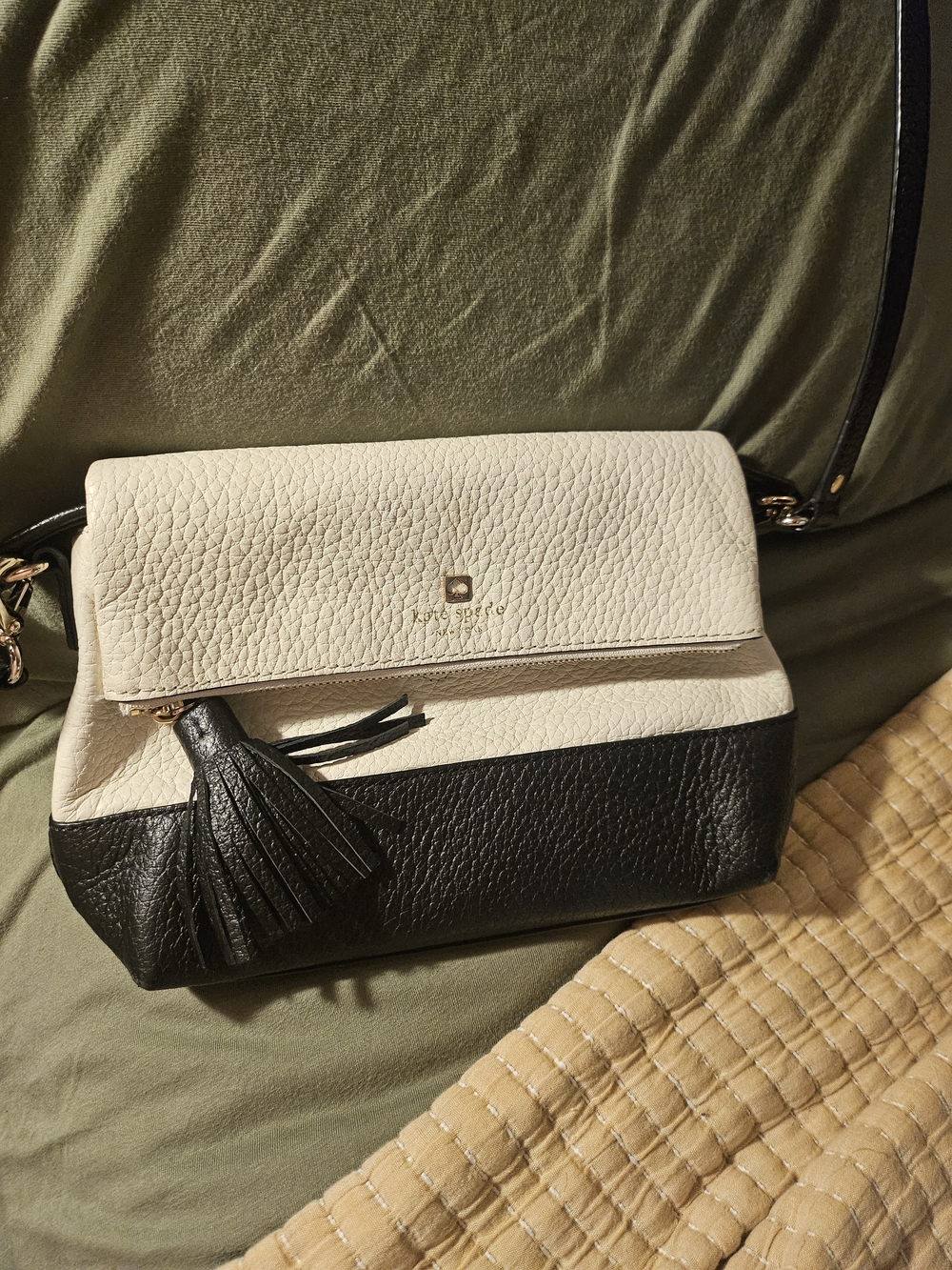 kate spade Two-Tone Black and Cream Pebbled Leather Crossbody with Tassel